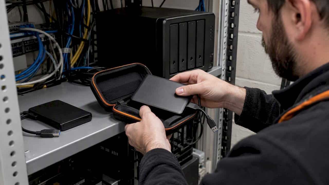 Technician rotating an offline backup drive