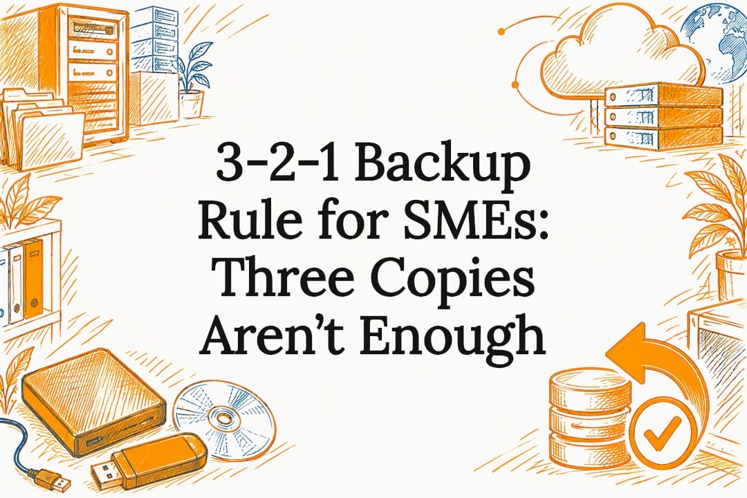 Hand-drawn backup icons framing title space