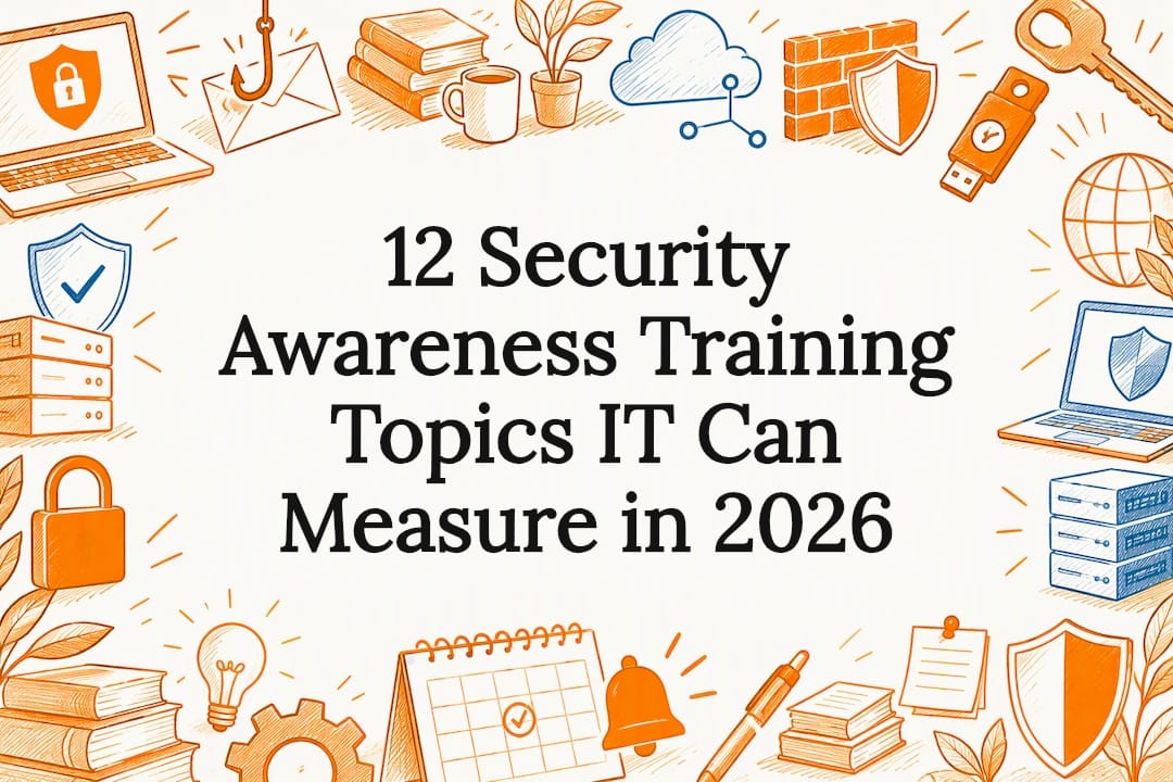 Security awareness training title card with ink sketches