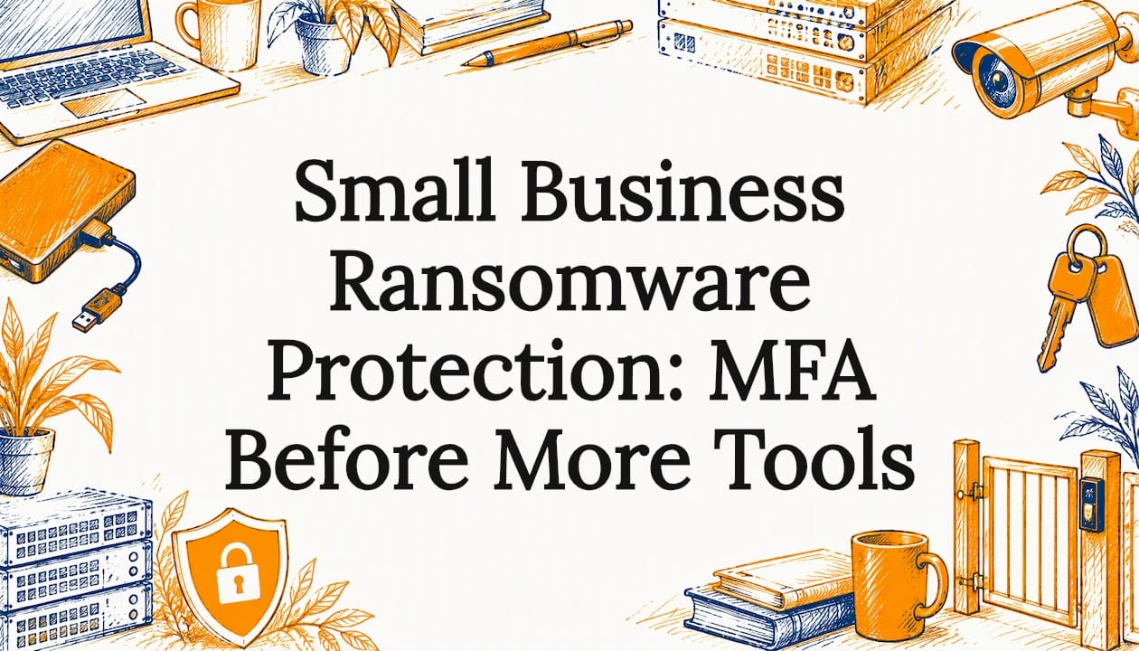Hand-drawn cybersecurity objects frame title